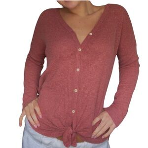 Knot-Waist Button Front V-Neck Top